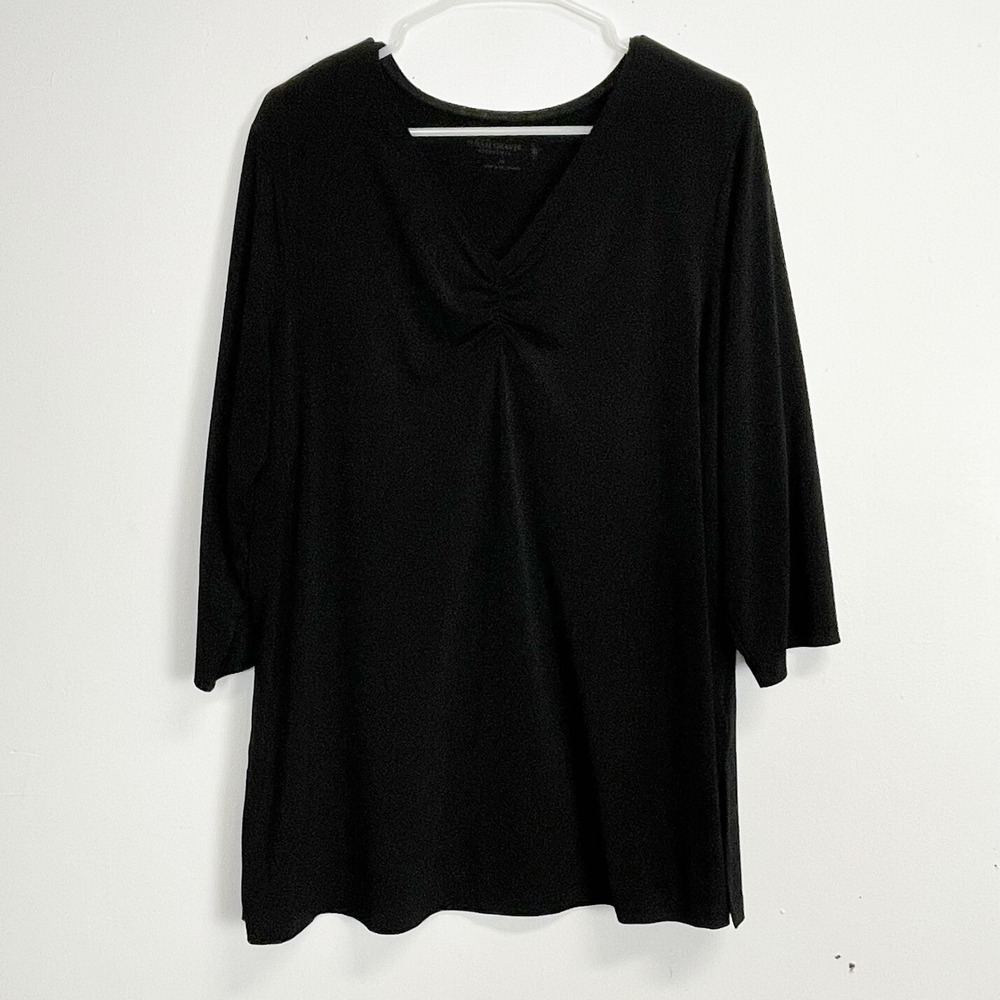 Susan Graver Shirt Womens 1X Black Ruched VNeck Liquid Knit Stretch Top Blouse